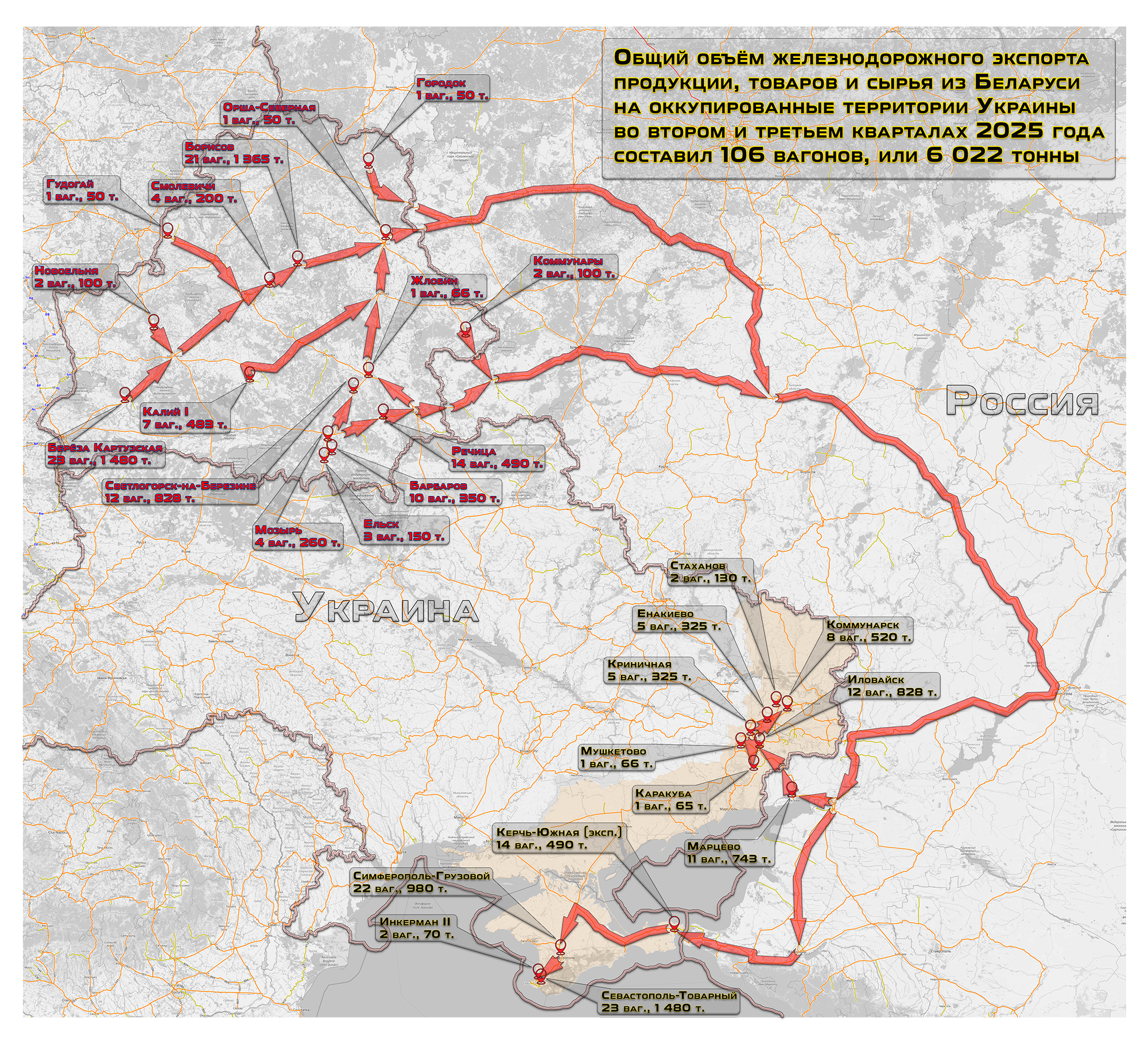 Обобщённая схема экспортных железнодорожных перевозок грузов на территории ОРДЛО и Крыма со станций в Беларуси за II и III кварталы 2025 года